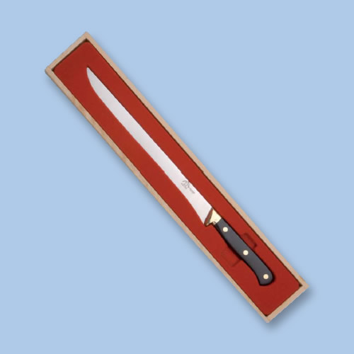 Cuchillo jamonero de 26 cm presentado en un estuche de madera